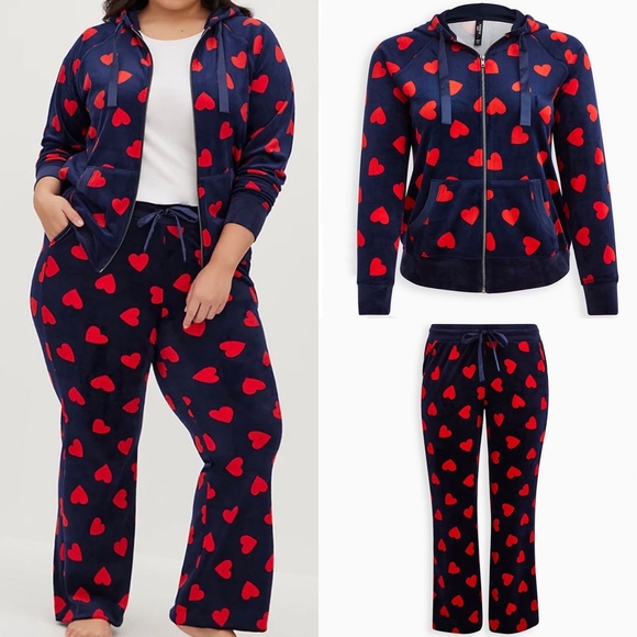 torrid Other - SET: Torrid Velour Hearts Navy & Red Zip Front Sleep Hoodie/Bootcut Pants 2X